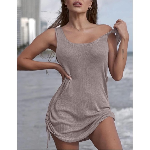 Women’s Gray Cover Up Beach Bikini Mini Dress Crochet Tank with Drawstring - Picture 5 of 5